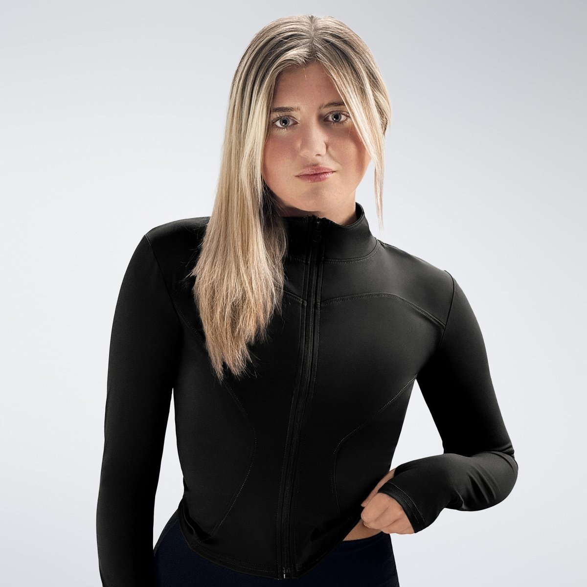 Yoga Jacket in black on model - Pulse Collection activewear