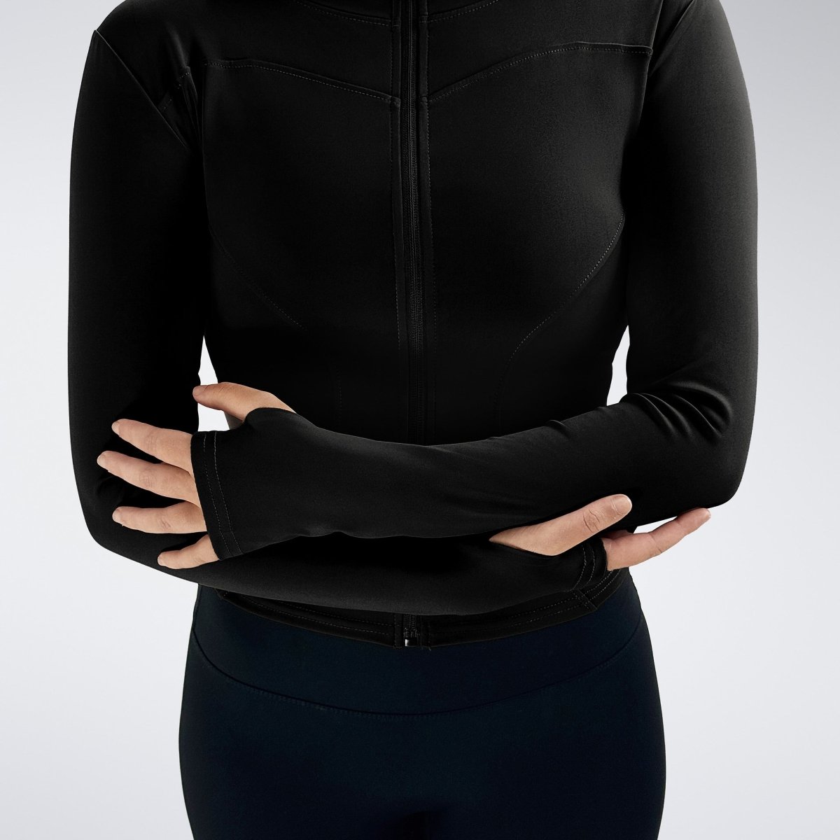 Yoga Jacket in black on model - Pulse Collection activewear