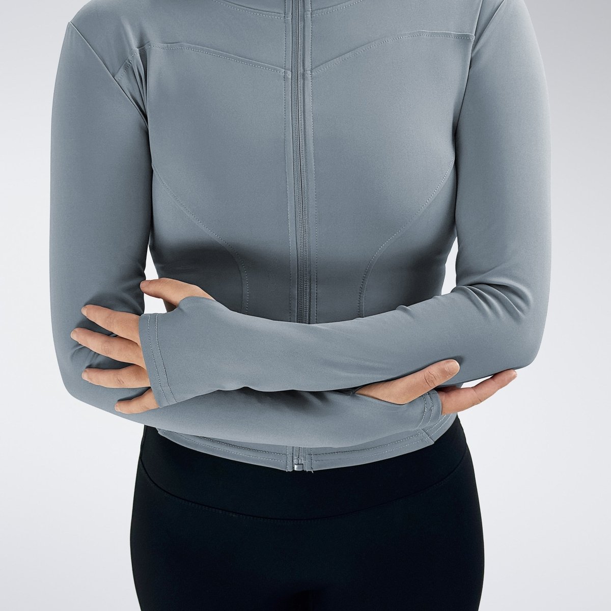 Yoga Jacket in light grey on model - Pulse Collection activewear