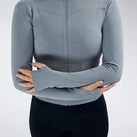 Yoga Jacket in light grey on model - Pulse Collection activewear