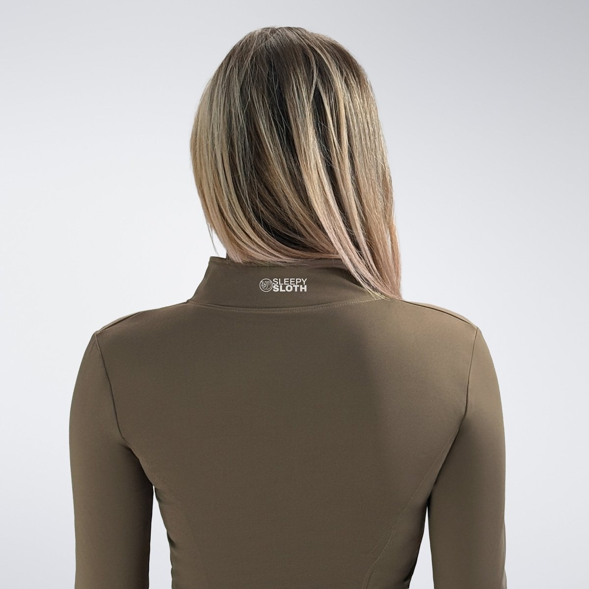 Yoga Jacket in coffee brown on model - Pulse Collection activewear