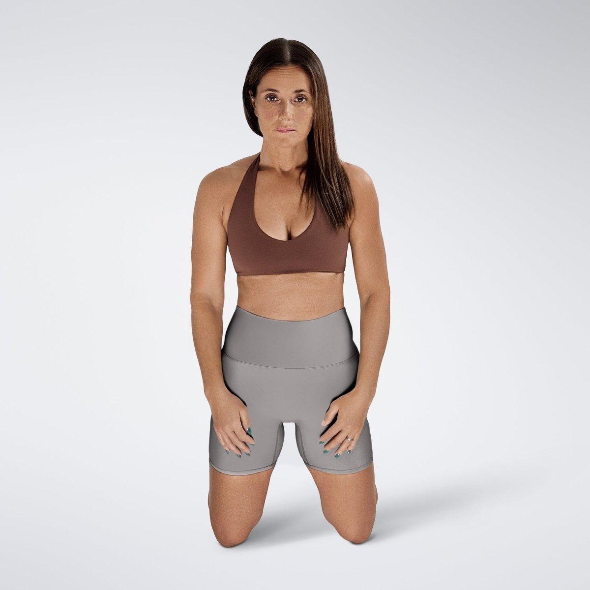 Shorts in battleship gray on model - Surge Collection activewear